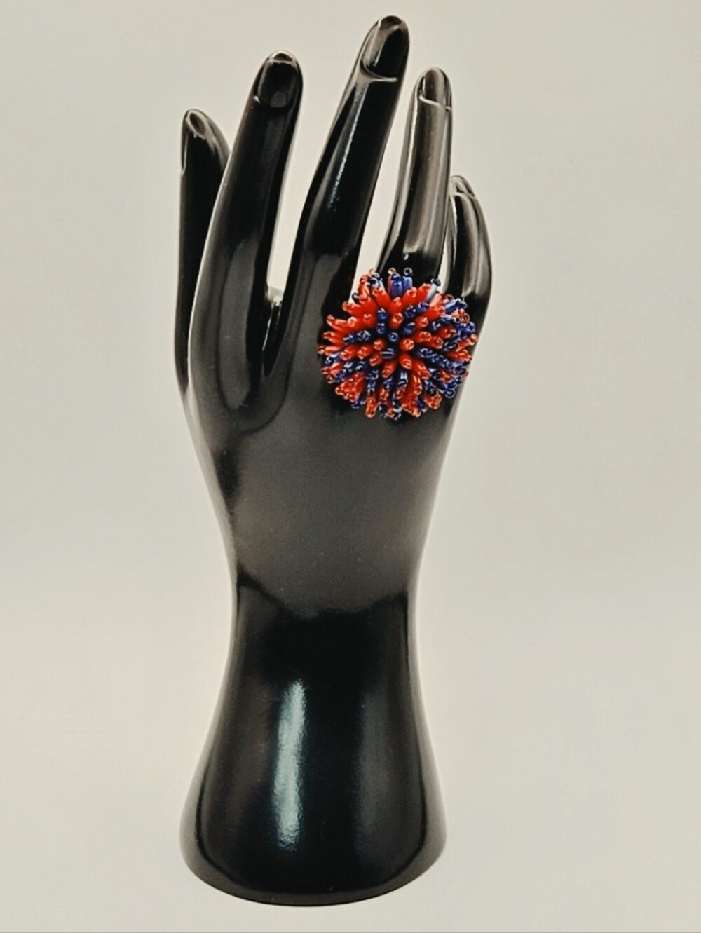 Vintage Beaded Cluster Ring Red Blue Glass Seed Bead Burst Statement Ring Size 6